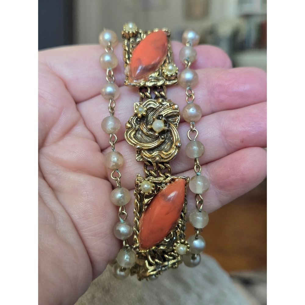 Goldette Unsigned Faux Pearl Thermoset Coral Victorian Revival Bracelet Vintage
